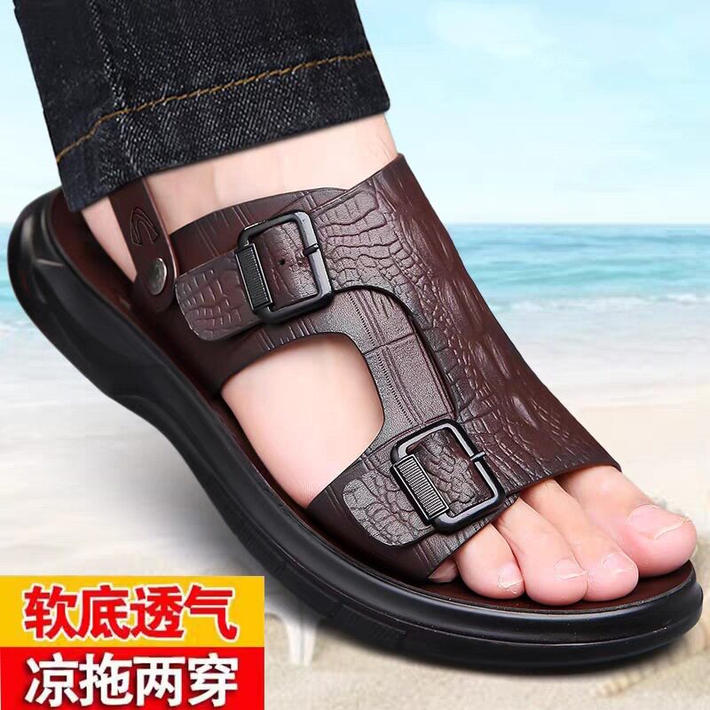 真皮鳄鱼纹防滑柔软男士凉鞋