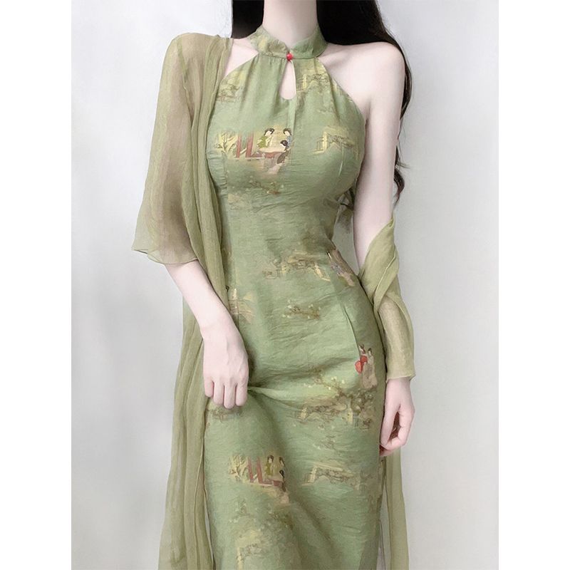 新品女装古风改良旗袍年轻款少女气质绿色挂脖连衣裙子夏季