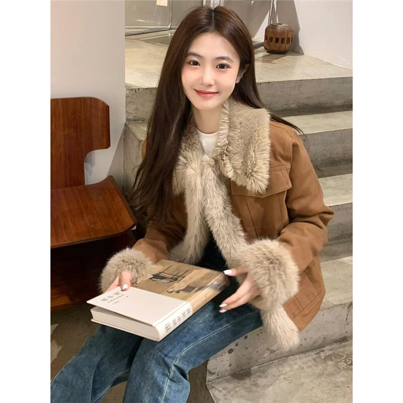 冬季甜美仿狐毛加厚牛仔短外套女