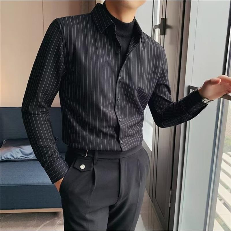 条纹假两件修身商务衬衫男