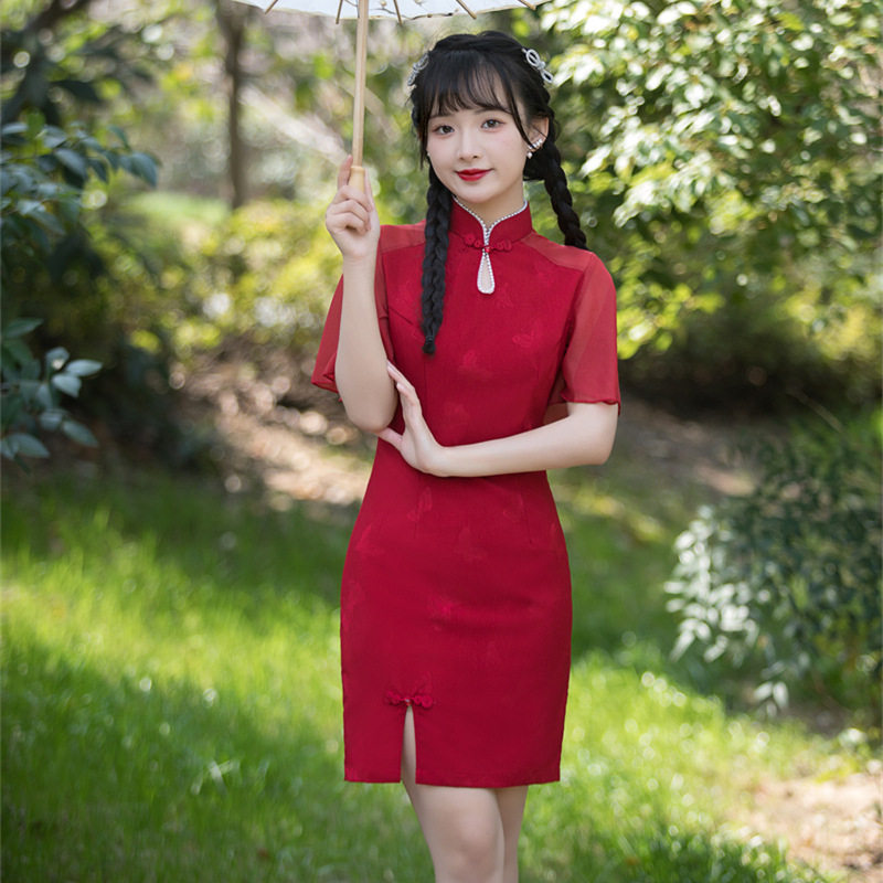 春夏新款改良珍珠边短旗袍甜美