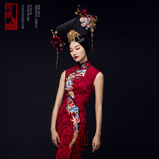 莺歌 传统改良旗袍 酒红色蕾丝敬酒出门中式 茧迹经典