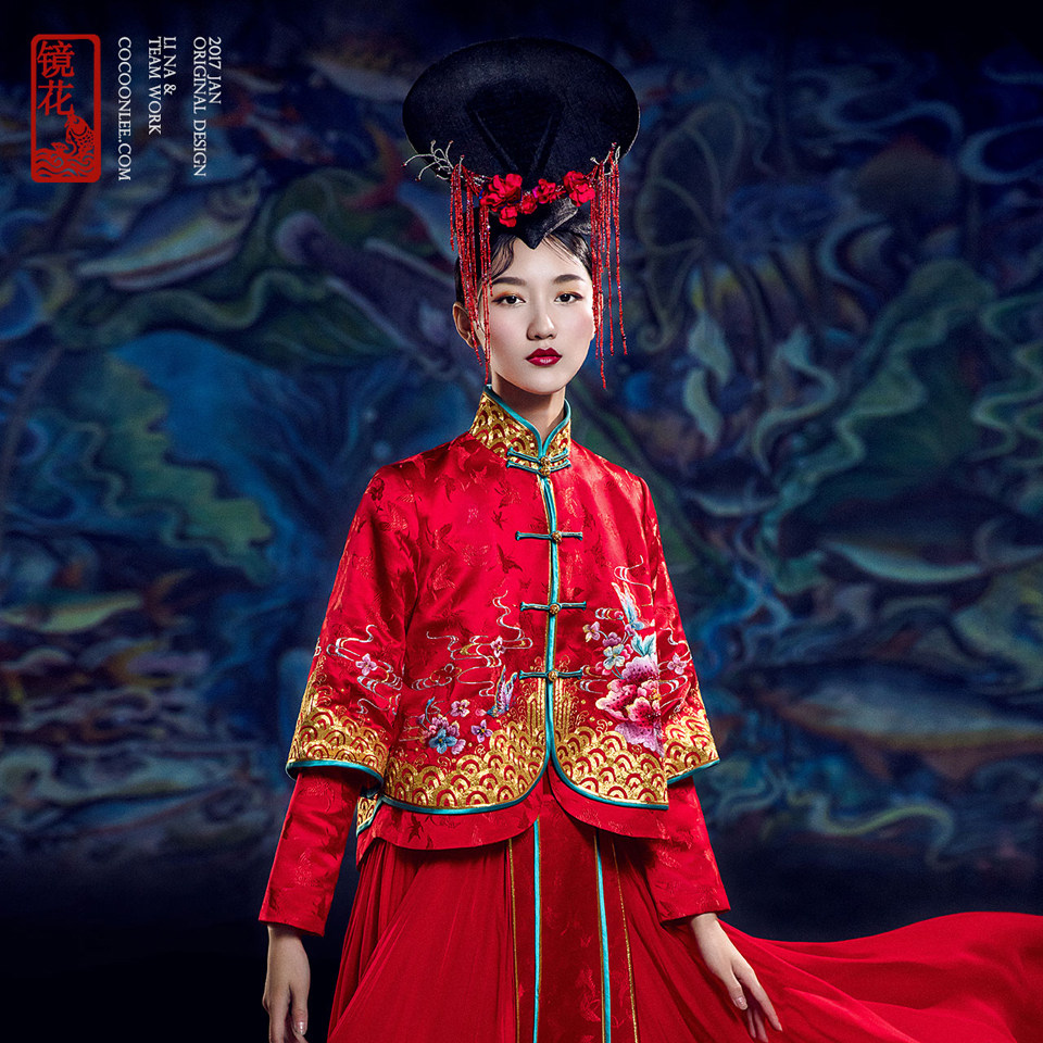茧迹秋冬中式古装红色薄款新娘嫁衣敬酒服镜花
