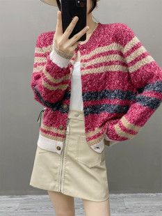 三股加厚拼色花纱100%纯山羊绒开衫短款圆领针织毛衣外套羊毛衫