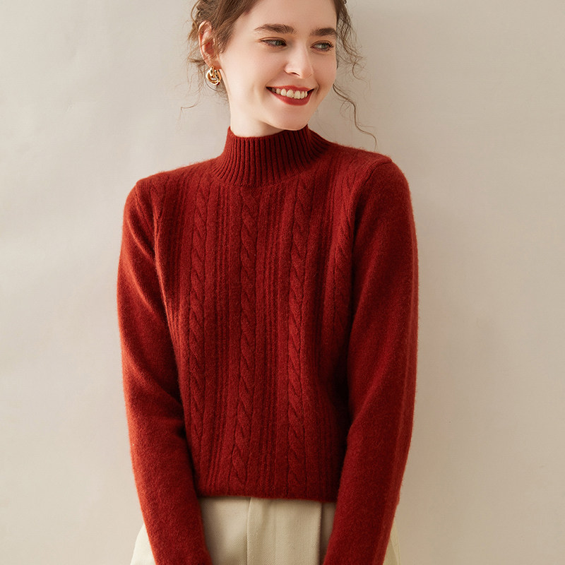 秋冬新款半高领羊绒衫女100纯山羊绒加厚麻花打底毛衣 针织羊毛衫