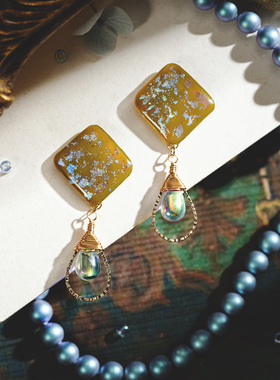 法式文艺复古宫廷油画风芥末黄绿色耳钉耳钩耳夹