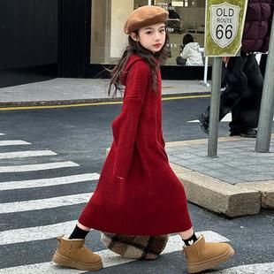 女童韩版纯色针织毛线长裙宝宝毛衣冬款小女孩加厚连帽套头毛线衣