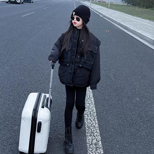 女童牛仔拼接加厚棉服