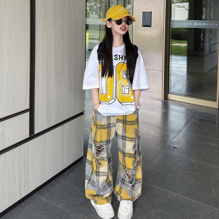 美式复古格子破洞阔腿裤套装女童2026新款夏季韩版宽松短袖T恤潮