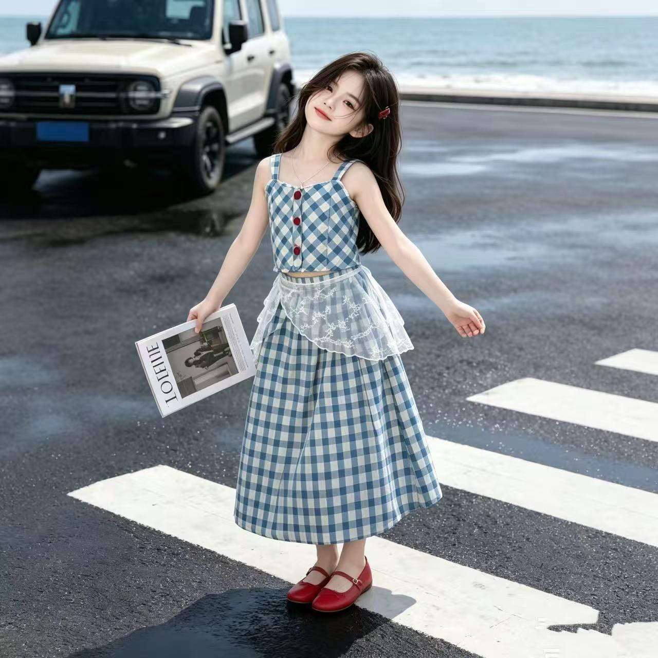 韩版格子吊带三件套女童2026新款夏季大童度假风蕾丝拼接套装裙