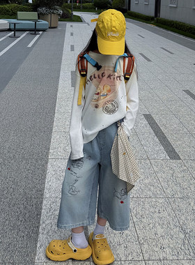 女童卡通防晒长袖T恤牛仔7分裤