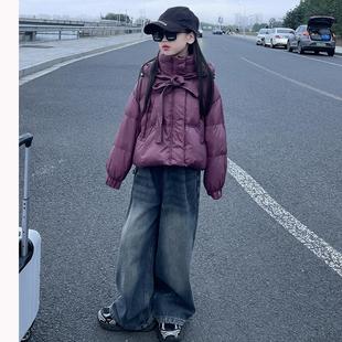 女童宽松连帽白鸭绒羽绒服短款2025冬季款设计感小众时尚保暖外套