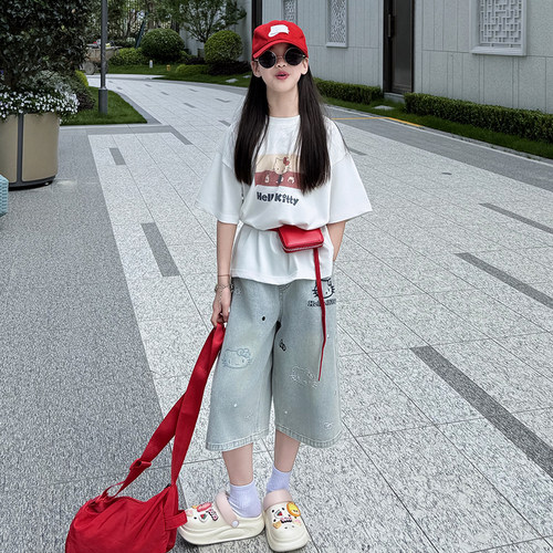 女童KT猫刺绣夏季薄款七分裤