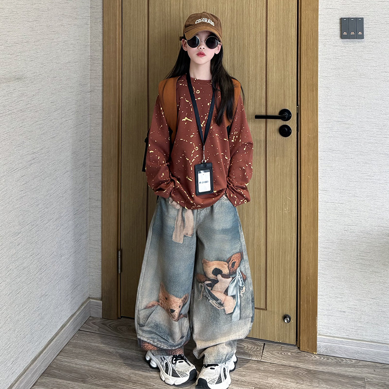 美式趣味设计感小熊印花牛仔裤女童做旧直筒裤烧花卫衣春秋两件套,童装/婴儿装/亲子装,套装,淘宝优惠券,粉丝福利购,淘宝优惠卷