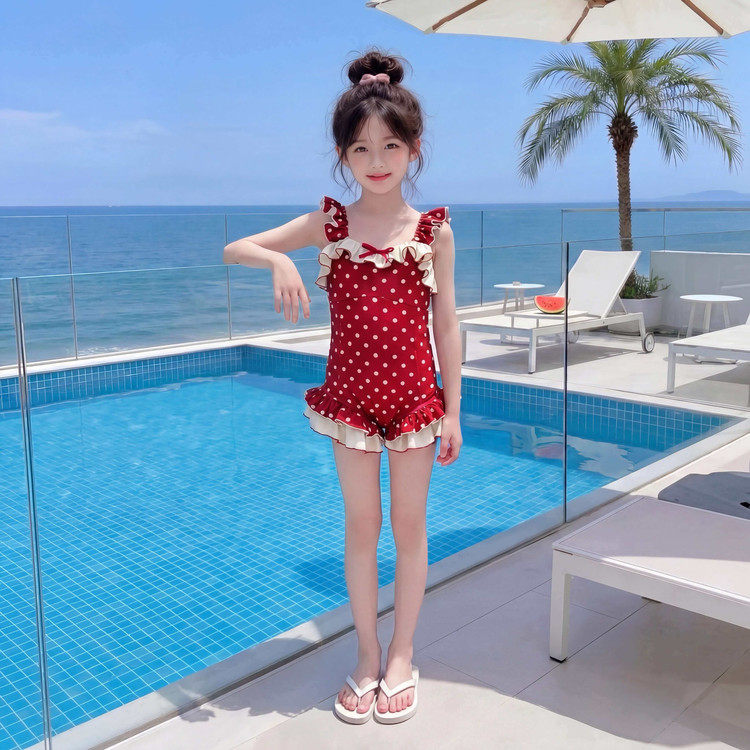 女童红色波点连体泳衣儿童夏季2026新款花边甜美洋气公主游泳装