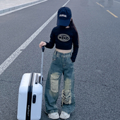 子直筒裤 女童牛仔裤 儿童洋气破洞阔腿裤 女大童春秋裤 秋装 2025新款