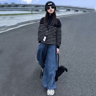 女孩网红时髦阔腿裤 女童牛仔裤 2025新款 儿童洋气炸街弯刀裤 春秋装