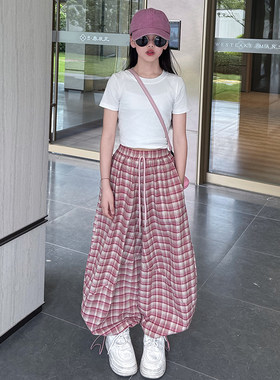 女童夏季新款格子短袖阔腿裤套装