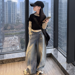 女童春秋装套装2026年新款儿童假两件上衣牛仔裤阔腿裤春季两件套