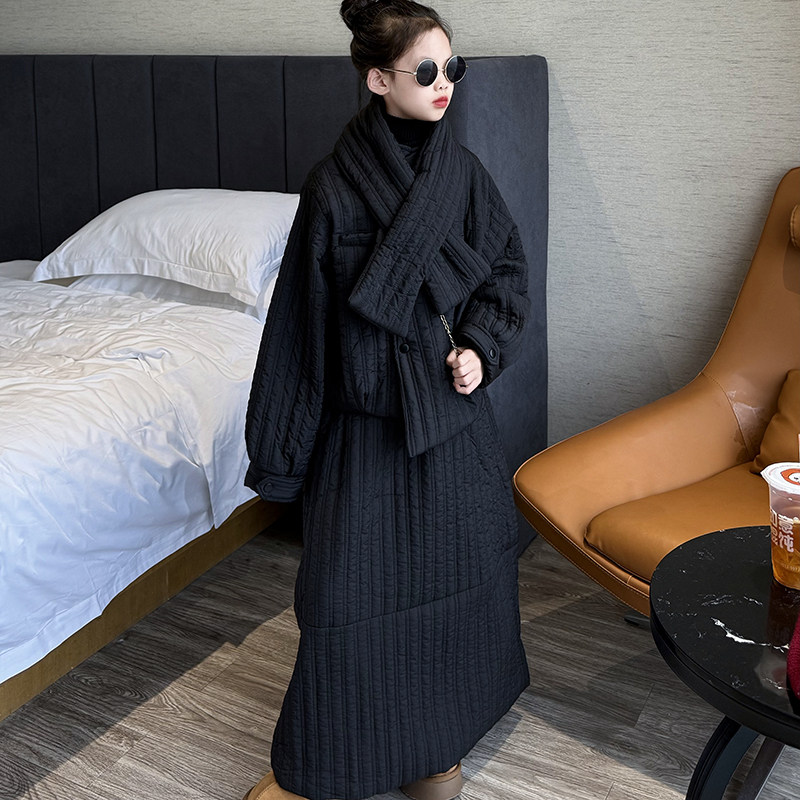 女童棉服套装冬季夹棉加厚2025新款女孩韩系宽松棉衣半身裙三件套