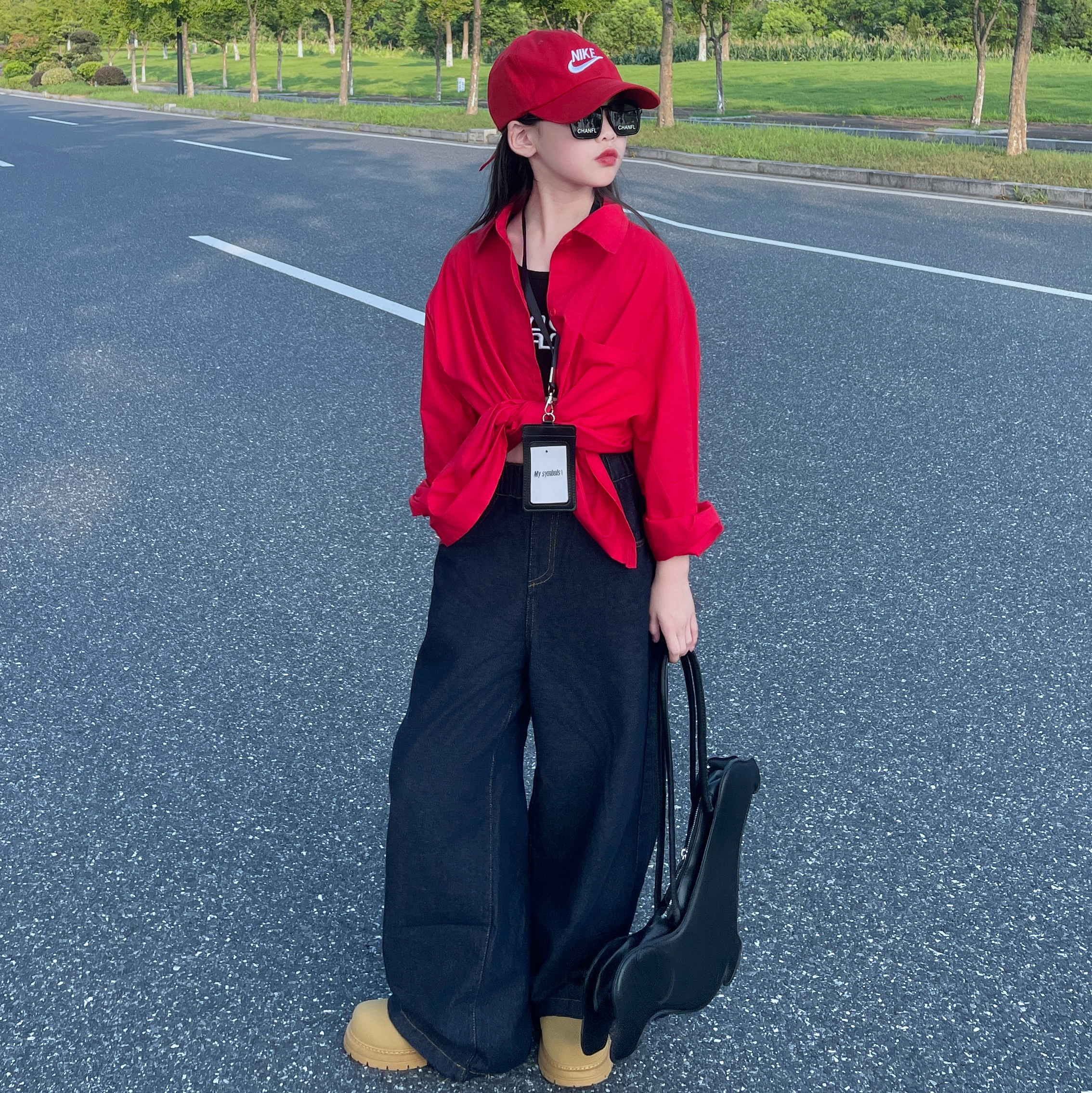 女童休闲红色外套2025春秋新款极简风百搭长袖衬衫简约透气上衣潮