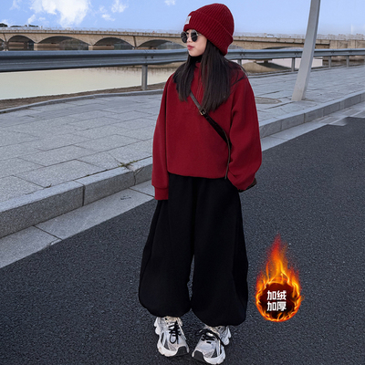女童秋冬红色半拉链卫衣两件套