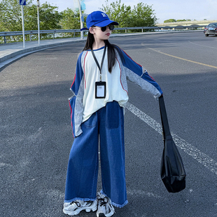 女童装2026春夏新款时髦洋气休闲韩系撞色长袖上衣牛仔八分裤套装