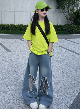 女童夏季荧光绿T恤牛仔套装