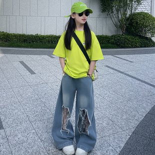 女童套装夏装2026新款酷飒拽姐夏季荧光绿短袖t恤蕾丝破洞牛仔裤
