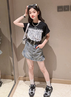 女童2023夏季T恤牛仔短裙套装