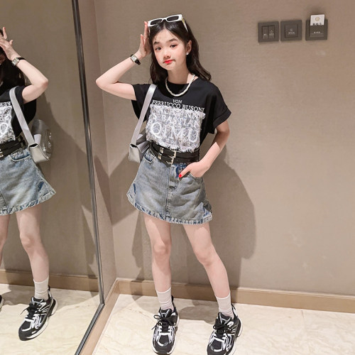 女童2023夏季T恤牛仔短裙套装
