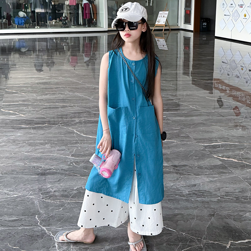 女童长款无袖衬衫连衣裙套装2026夏季新款白色阔腿裤子森系两件套