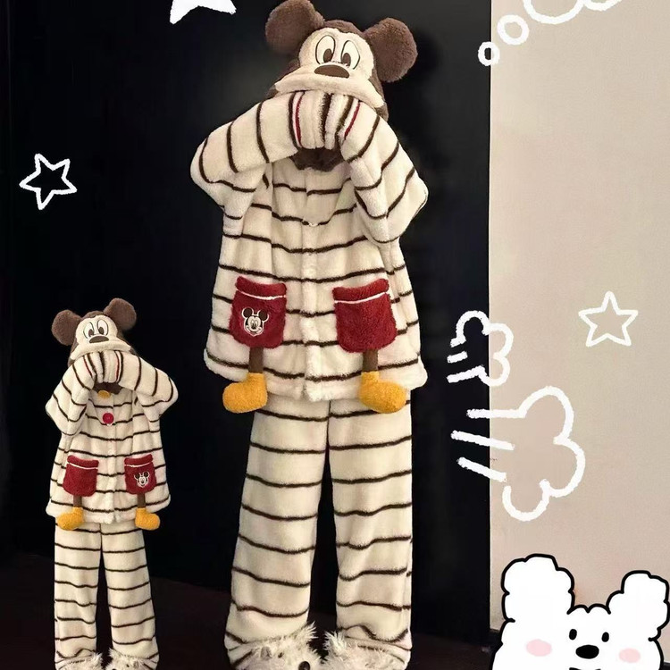 卡通米奇连帽珊瑚绒睡衣女款秋冬季加绒加厚保暖法兰绒睡衣家居服