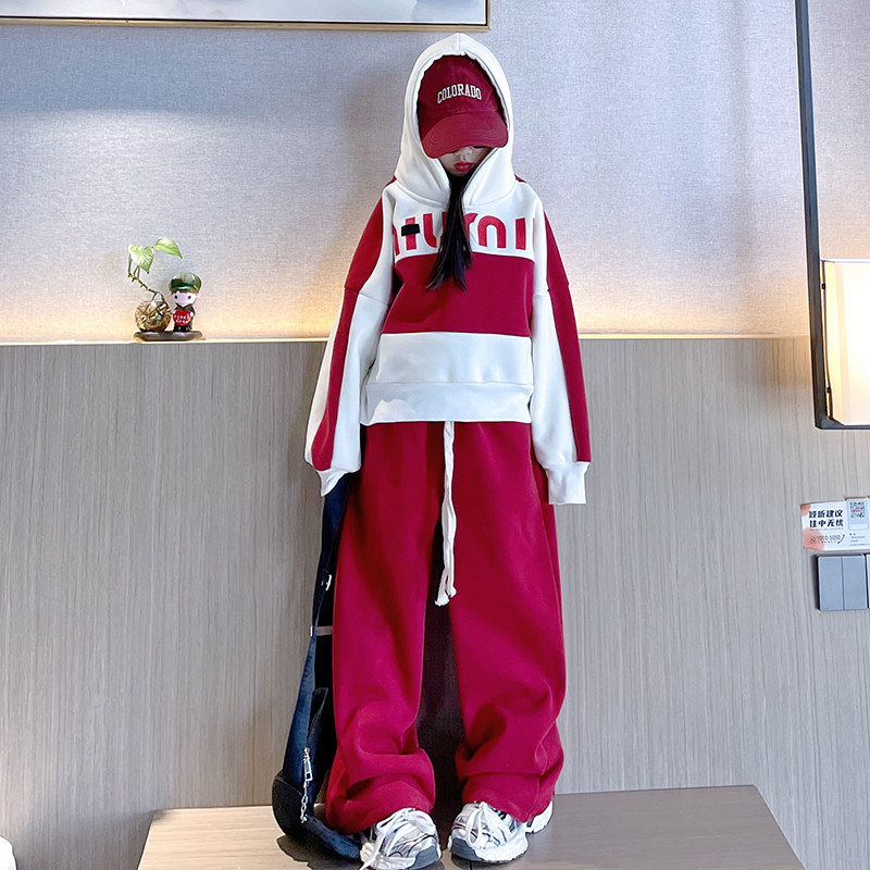女童红色连帽卫衣套装2025秋冬新款高级感加绒加厚运动服两件套潮