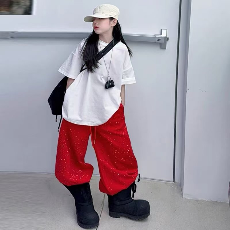 女童烫钻运动裤2026新款儿童加绒弯刀裤女孩中大童红色拜年服裤子
