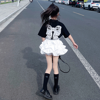 女童短袖短裙套装2025新款大童韩版蝴蝶长款t恤蛋糕裙夏装跳舞潮