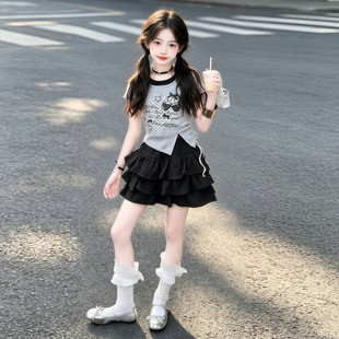 女童2026新款夏季韩版洋气假两件上衣蛋糕裙套装2件套甜酷休闲风