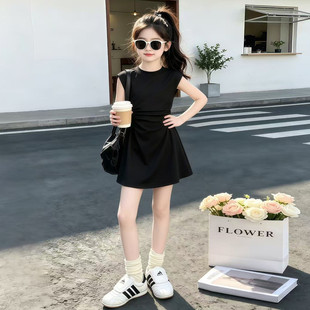 女童黑色连衣裙夏季新款韩式收腰显瘦中裙小女孩洋气裙子