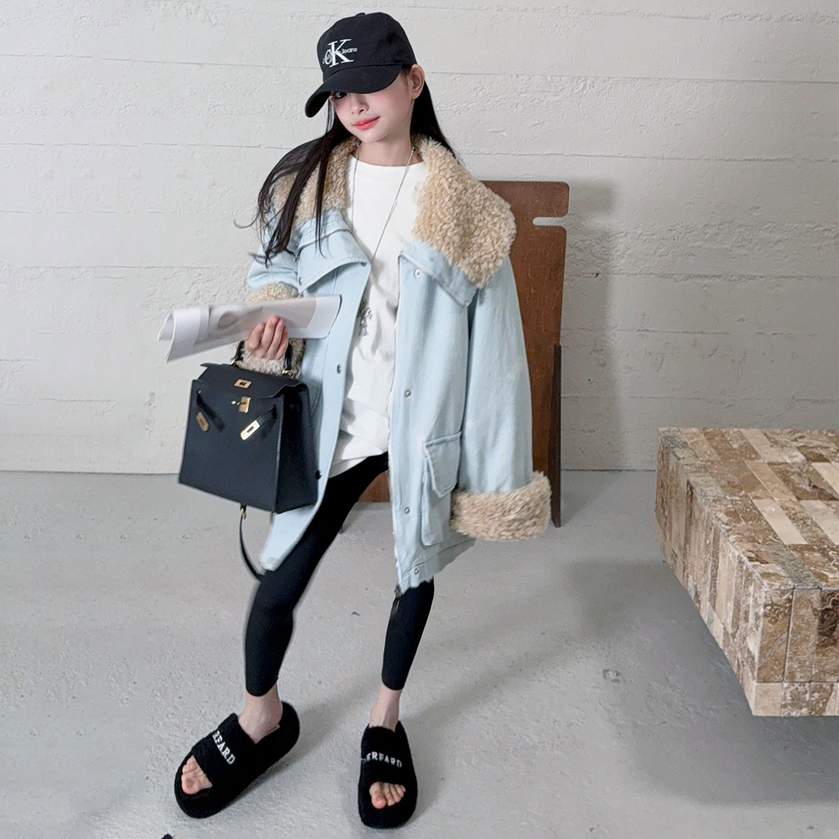 女童2025秋冬装新款韩版加绒牛仔外套中大童加厚羊羔毛派克服棉衣