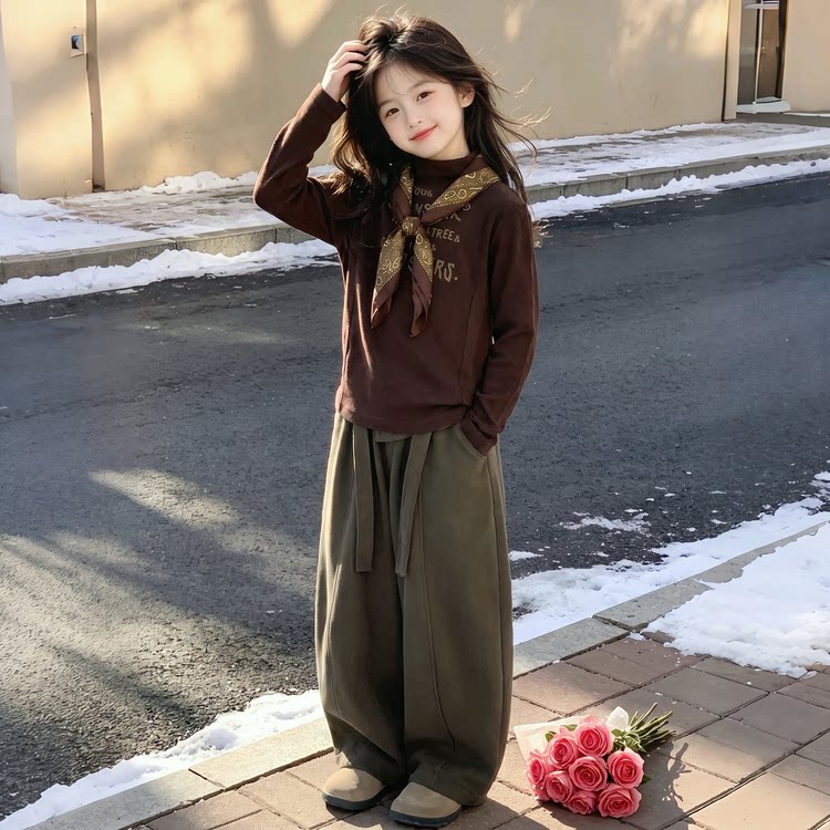 女童咖色德绒上衣系带阔腿裤两件套2026春秋休闲套装中大儿童