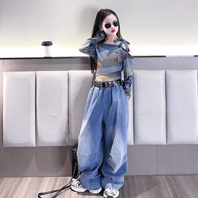 女童爵士舞服装女团露脐上衣牛仔裤韩舞演出服现代舞街舞走秀潮服