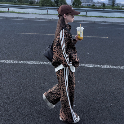 春秋女童豹纹运动套装阔腿裤