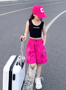 女童玫红色工装短裤2026新款