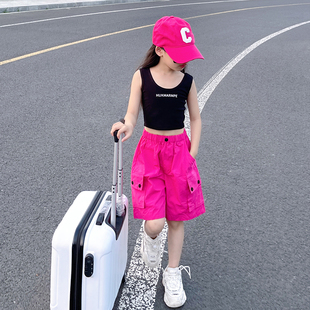 女童玫红色工装短裤2026新款高腰宽松休闲中裤美式速干运动五分裤