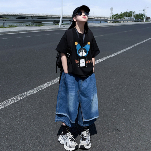 2026夏新款女童套装韩版休闲小猫印花宽松短袖T恤八分牛仔阔腿裤
