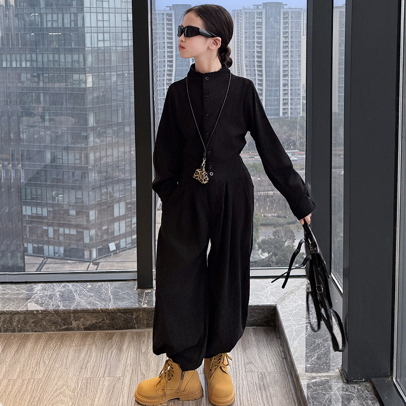2026春季新款女童高级感英伦范灯芯绒立领外套阔腿裤休闲套装潮酷