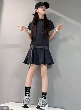 女童夏季2026学院风辣妹POLO领百褶连衣裙收腰显瘦西装裙腰带短裙