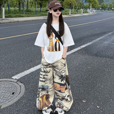 女童美式做旧涂鸦阔腿牛仔裤