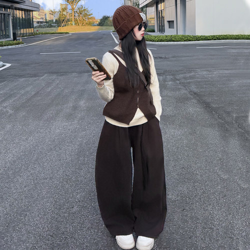 2026休闲针织马甲三件套女秋冬学院风背心打底衫阔腿裤套装童装