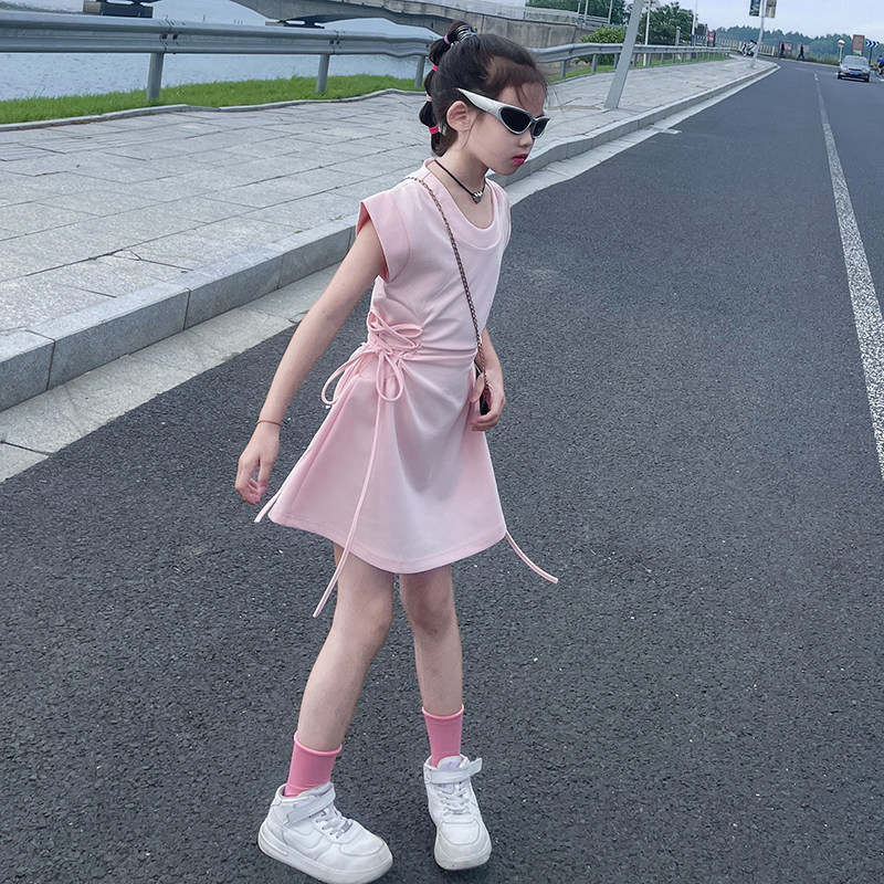 女童夏裙子202系5新款韩抽绳连衣裙中大童收腰显A字裙T恤瘦裙洋气